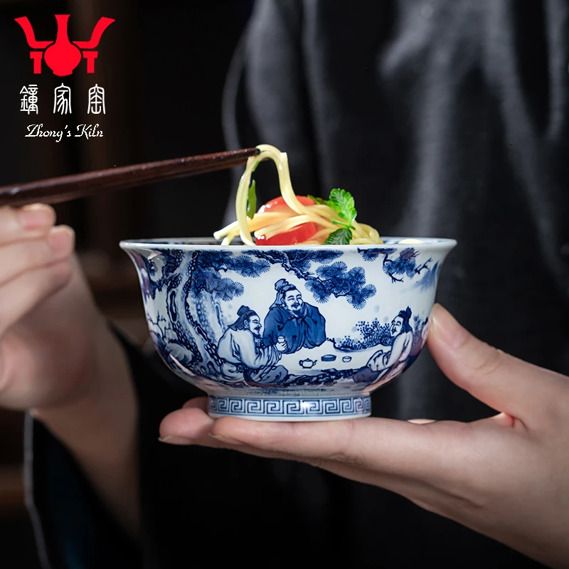 钟家窑陶瓷小面碗 景德镇柴窑青花手绘松下人物饭碗粥碗个人餐具