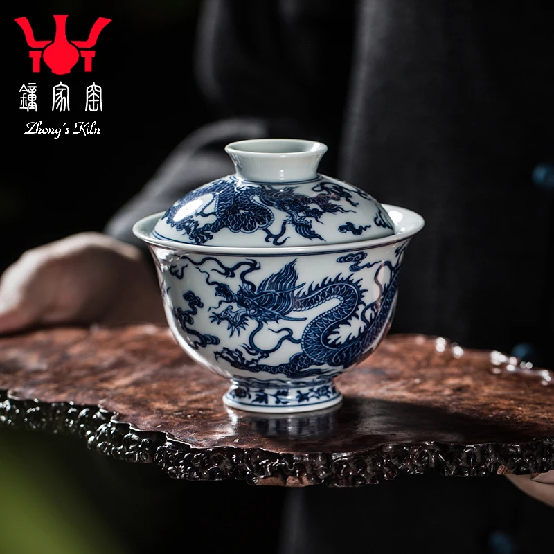 钟家窑单个盖碗茶杯 景德镇柴窑青花手绘经典云龙纹160ml泡茶碗