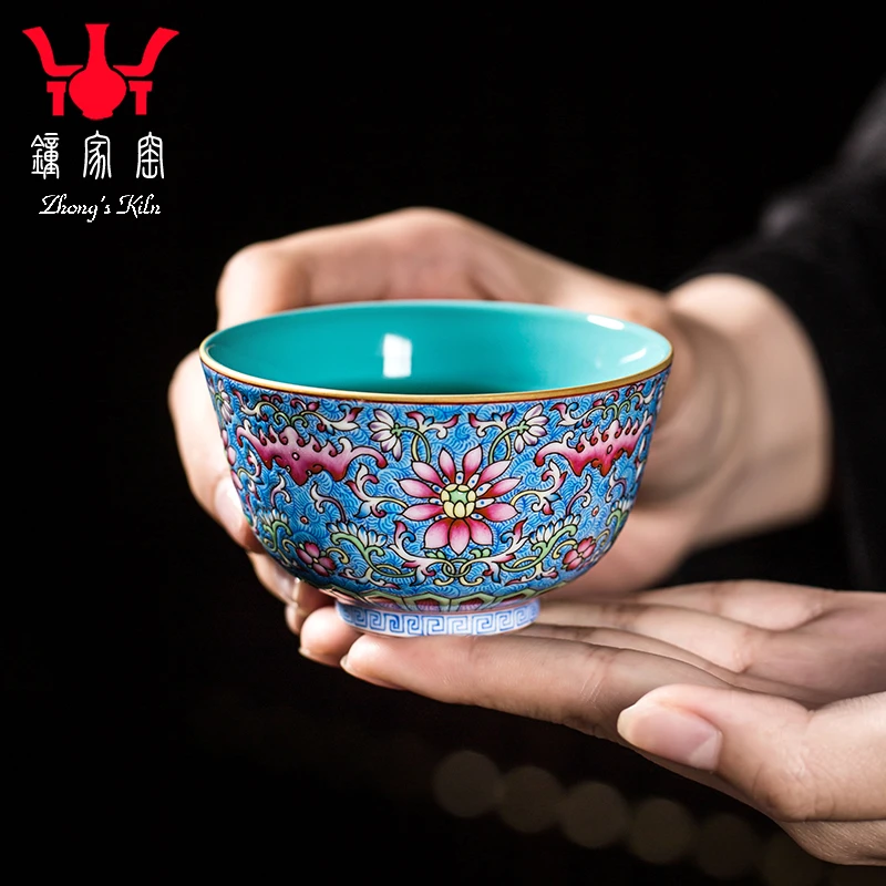 钟家窑茶杯景德镇手工高端珐琅彩松石绿蓝地凤尾莲个人专用主人杯