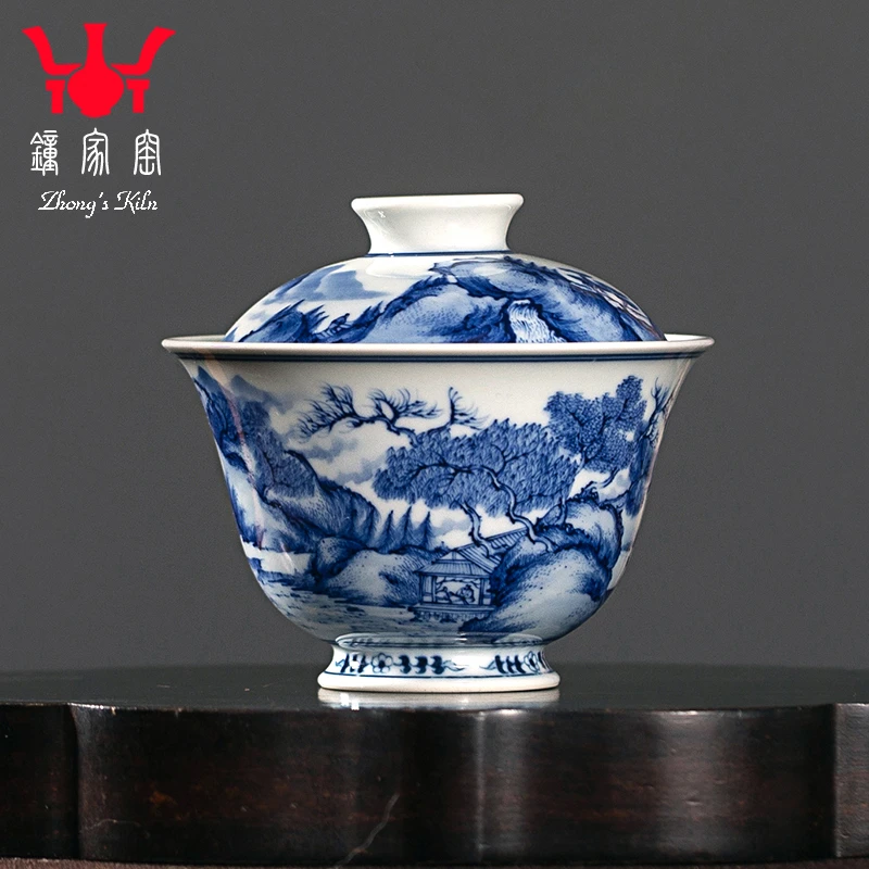 钟家窑陶瓷盖碗茶杯 景德镇柴窑青花手绘山水禅茶一味二才泡茶碗