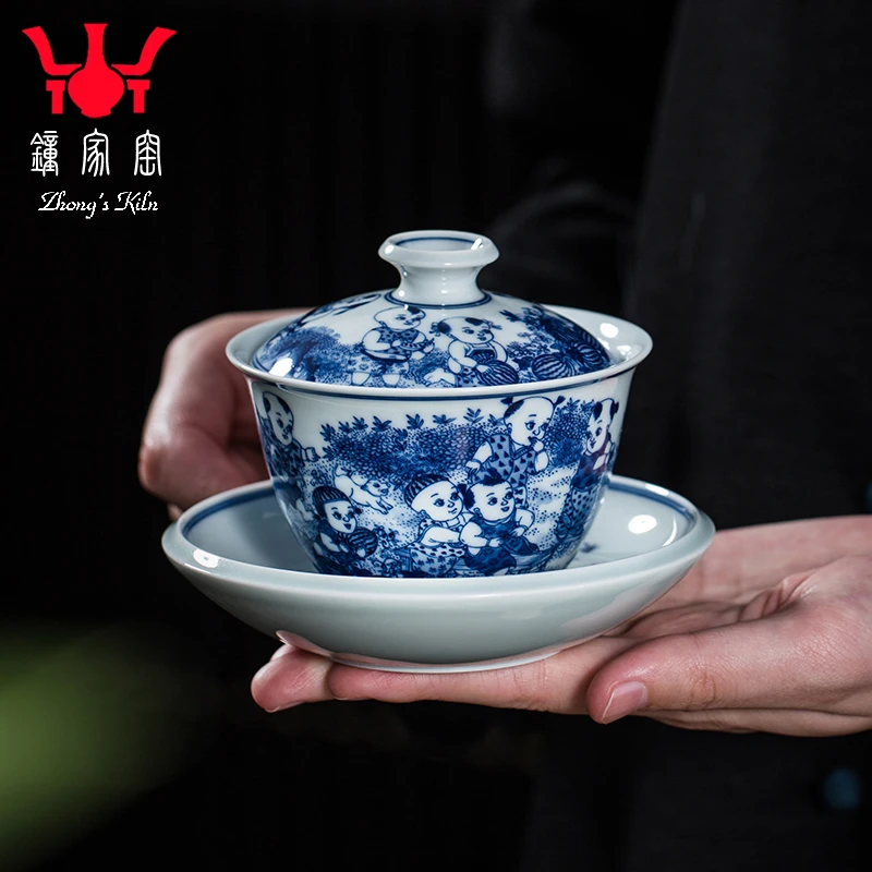 钟家窑泡茶盖碗景德镇功夫茶具柴窑重工满工满绘童趣童子盖碗茶杯