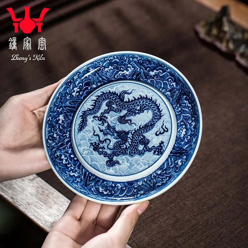 钟家窑陶瓷壶承景德镇柴窑青花手绘海水江崖纹高档壶托干泡台配件