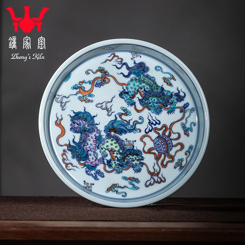 钟家窑陶瓷壶承 景德镇柴窑青花斗彩手绘狮子绣球干泡台圆形茶盘
