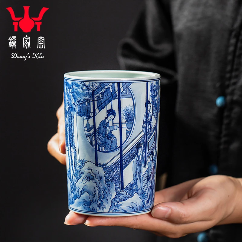 钟家窑陶瓷笔筒景德镇柴窑青花手绘人物月曼清游图茶筒功夫茶配件