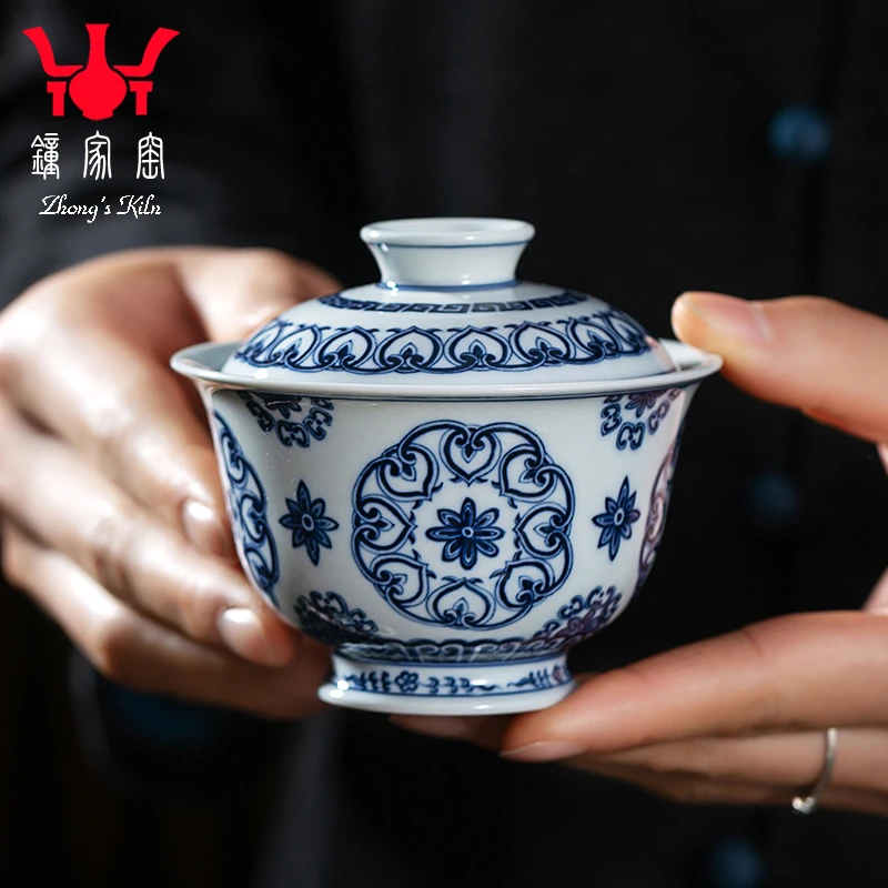 钟家窑柴窑盖碗景德镇青花手绘开窗宝相纹单个高档二才泡茶碗茶杯