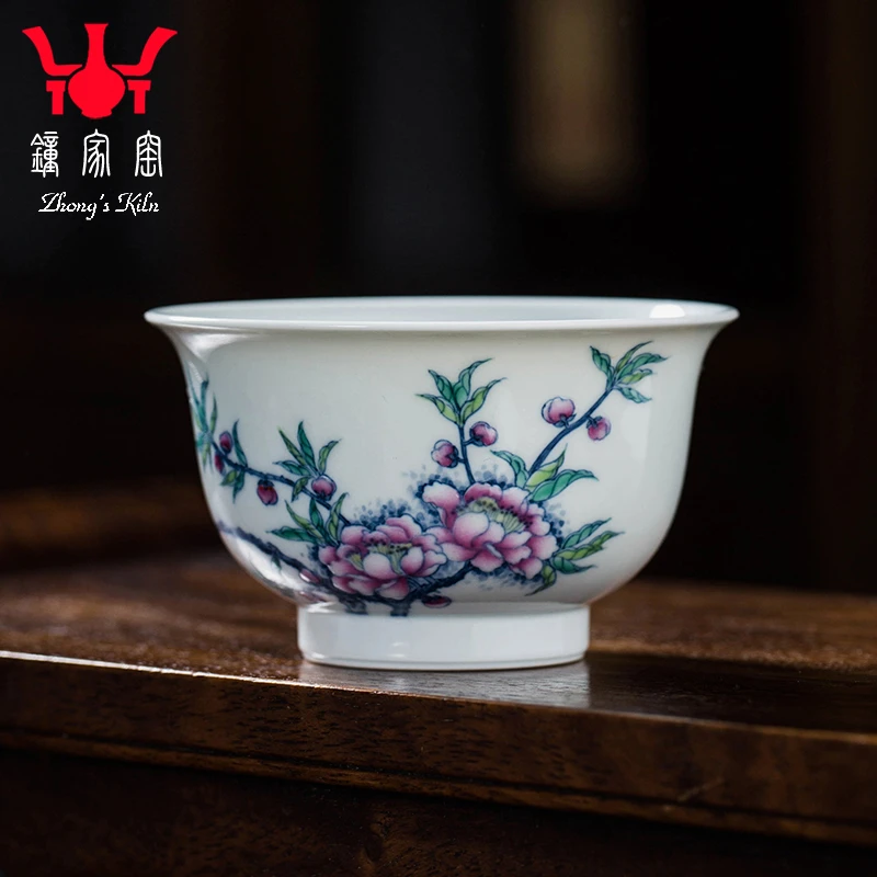钟家窑陶瓷茶杯 景德镇主人杯单杯青花斗彩水点桃花压手杯个人杯