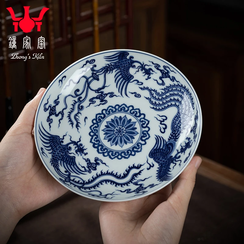 钟家窑陶瓷壶承景德镇柴窑青花手绘云凤纹干泡台紫砂壶底座养壶盘