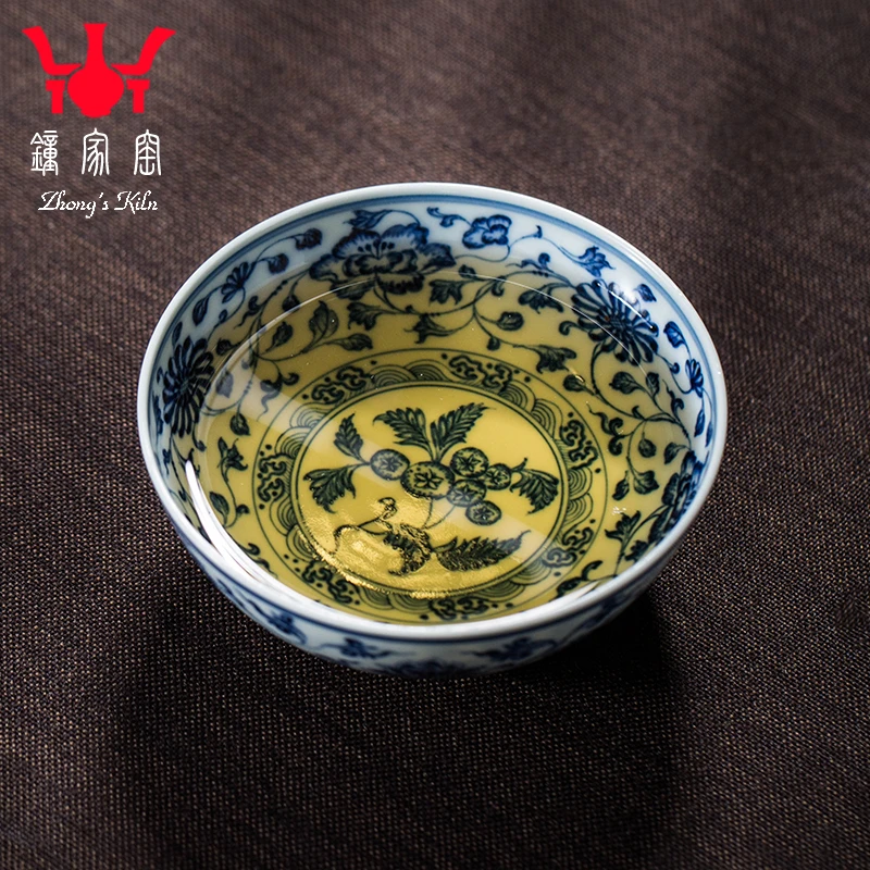 钟家窑陶瓷主人杯 柴窑青花仿元缠枝花卉普洱杯手工个人专用茶杯
