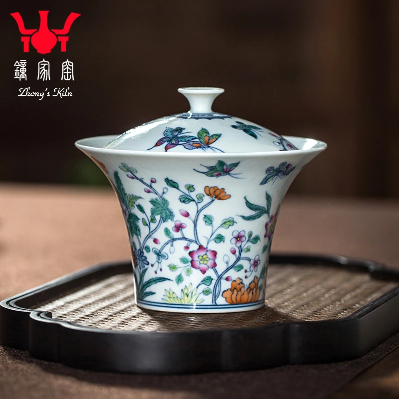 钟家窑盖碗茶杯景德镇手绘青花斗彩春意盎然花卉高档单个二才盖碗