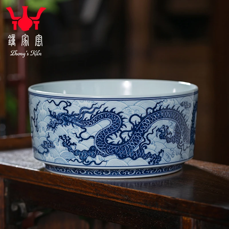 钟家窑陶瓷大号水洗景德镇柴窑青花手绘海水龙纹高档茶具配件水盂