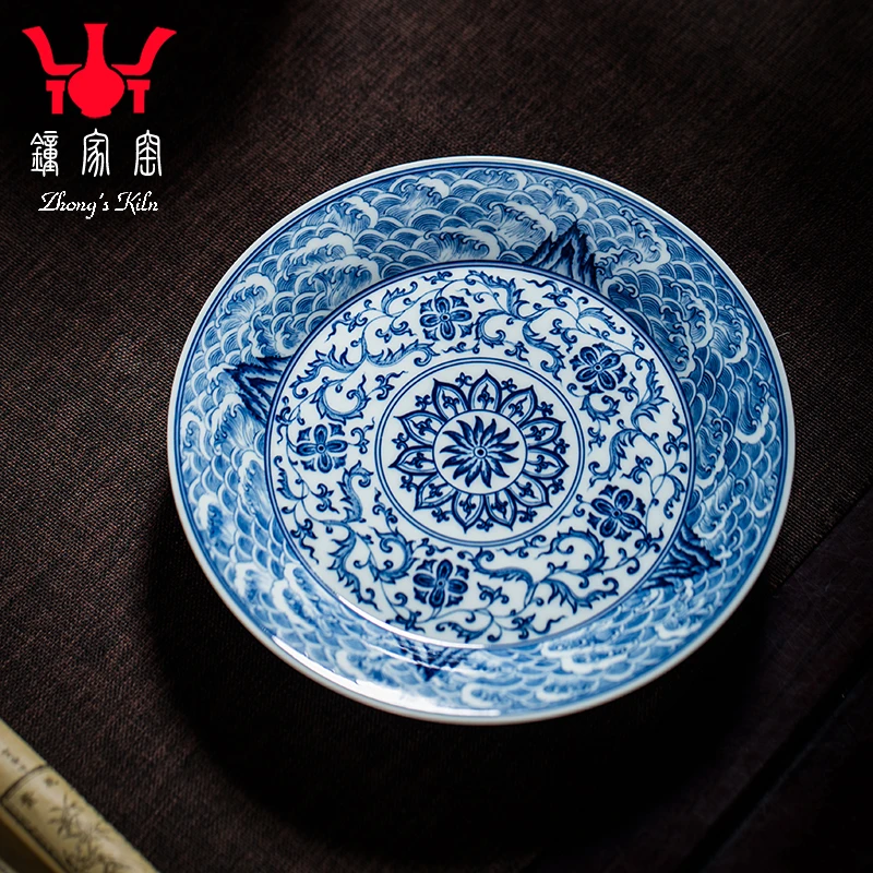 钟家窑陶瓷壶承 景德镇柴窑青花满工满绘缠枝花纹果盘壶垫干泡台