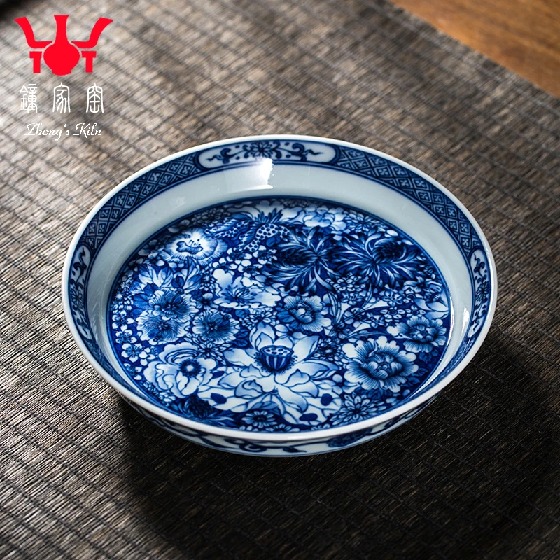 钟家窑陶瓷壶承 景德镇柴窑青花高端手绘万花壶垫盖碗壶承干泡台