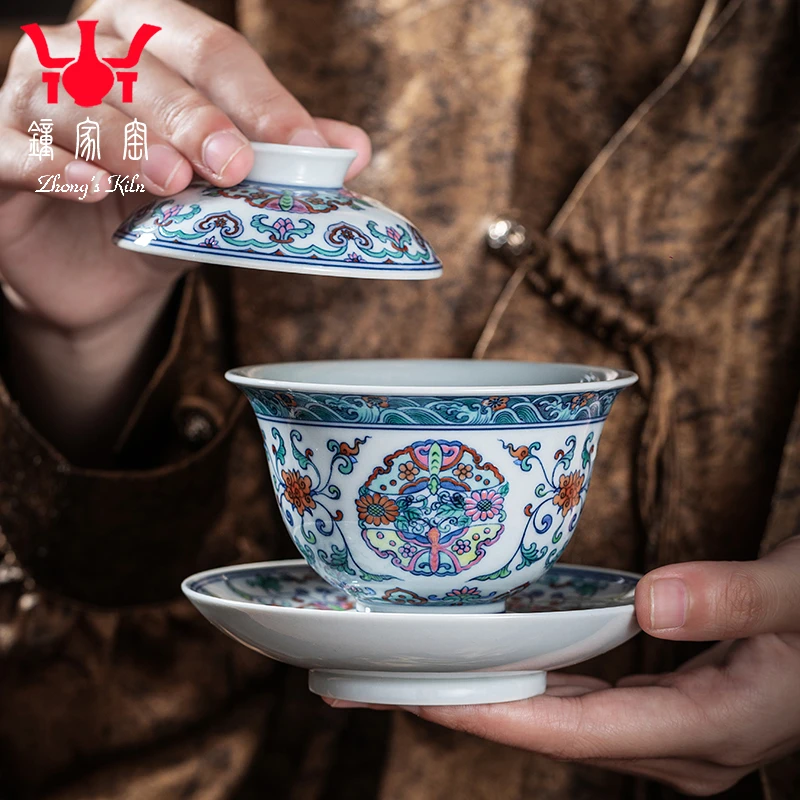 钟家窑高档单个盖碗柴窑青花斗彩手绘团蝶纹陶瓷泡茶三才盖碗茶器