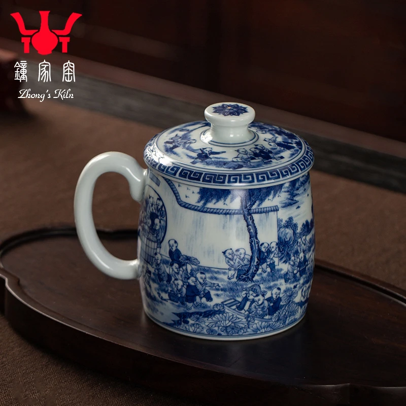 钟家窑柴窑办公杯景德镇手绘青花百子图陶瓷手工高端办公室泡茶杯