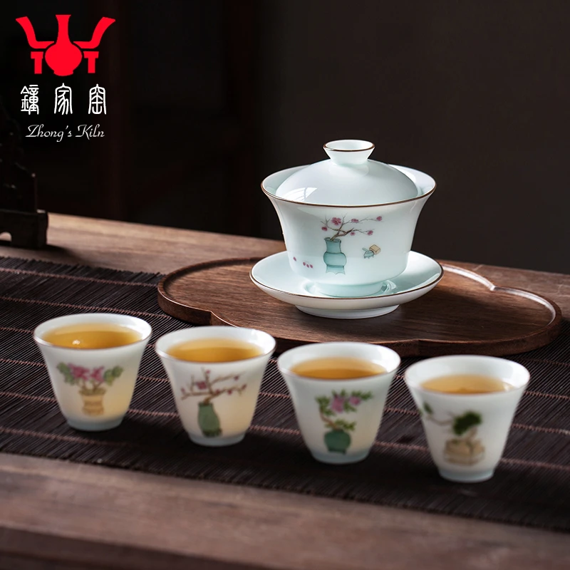 钟家窑茶具套装 家用客厅陶瓷盖碗整套清供图影青功夫茶具办公室