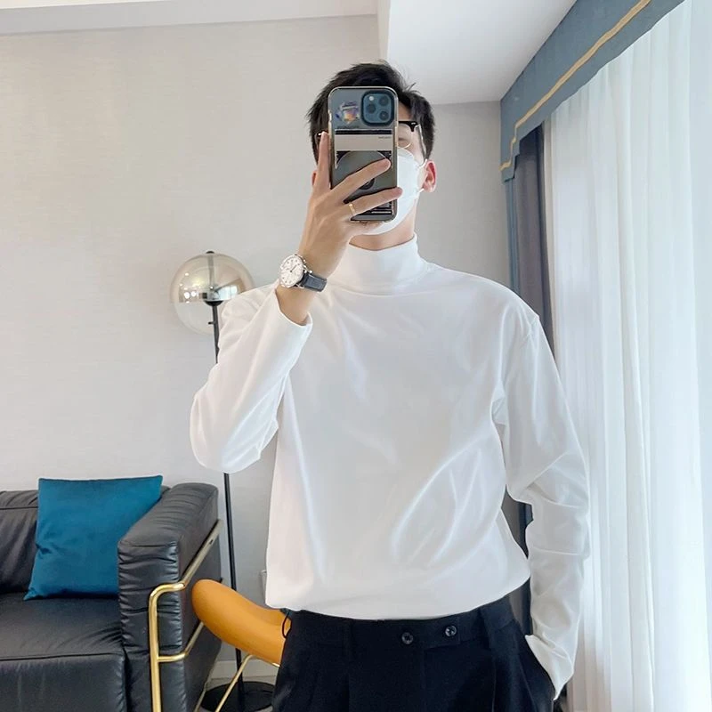 半高领ins长袖T恤男韩版基础款加绒秋冬打底衫男大码胖子休闲长袖