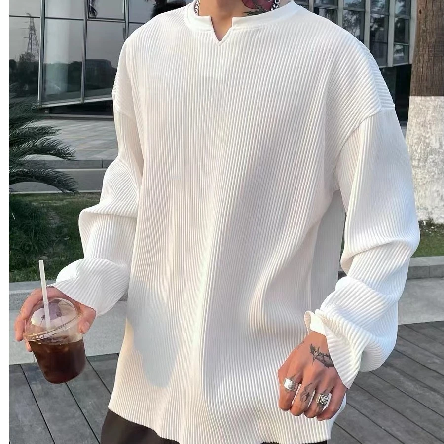 特大码褶皱坑条t恤男女设计感V领宽松长袖cityboy亨利领体恤300斤