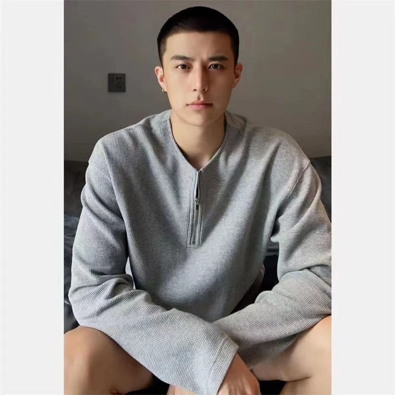 亨利衫氛围感美式卫衣半拉链华夫格长袖ins慵懒风t恤男情侣款秋季