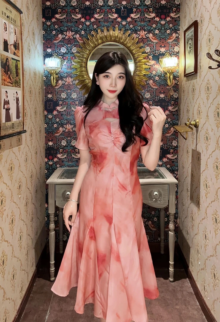 2024夏季新款中式设计师款小众轻奢晕染印花旗袍女气质立领连衣裙