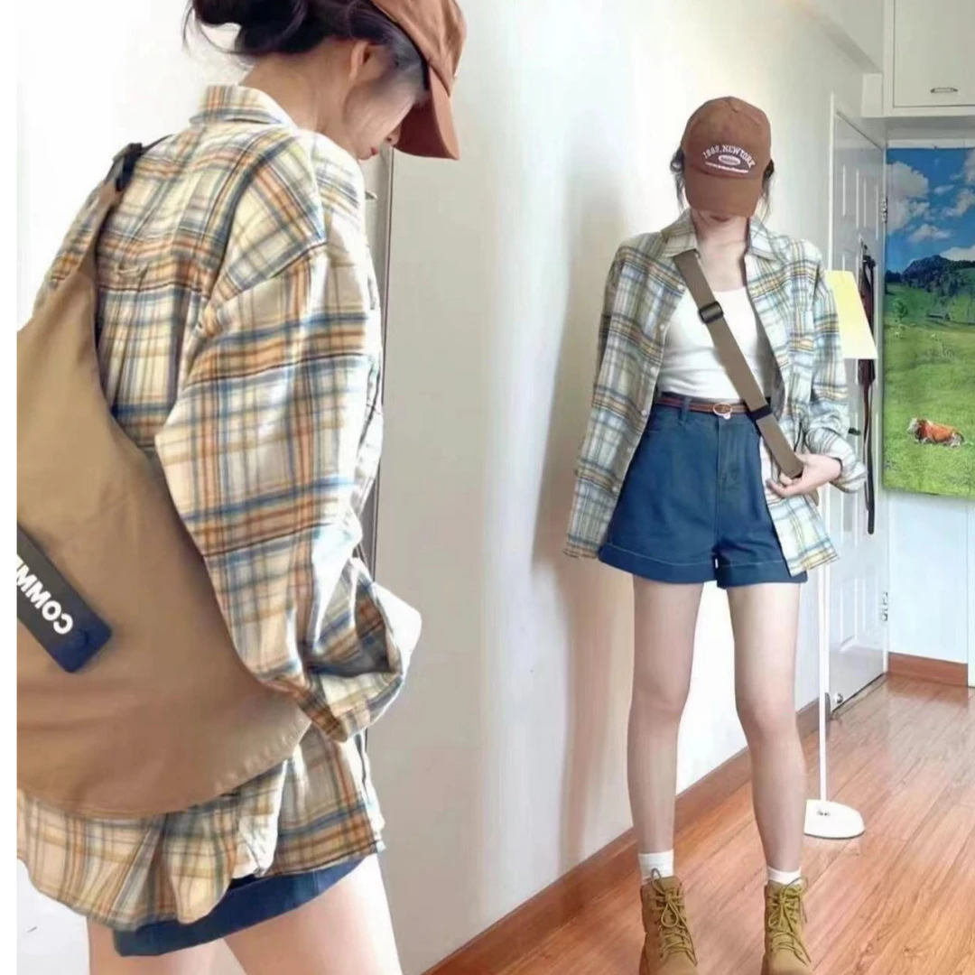 【送运补6~8元】韩版时尚洋气港味宽松显瘦减龄长袖磨毛格子衬衫