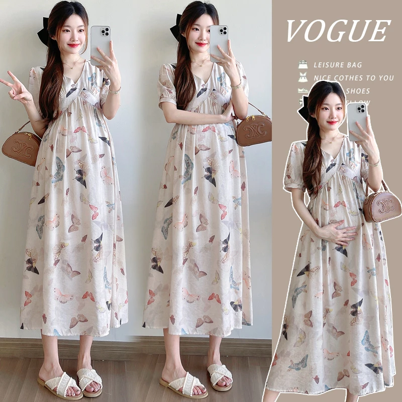 孕妇装夏季2024新款洋气高质量蝴蝶花V领灯笼袖孕妇连衣裙中长款