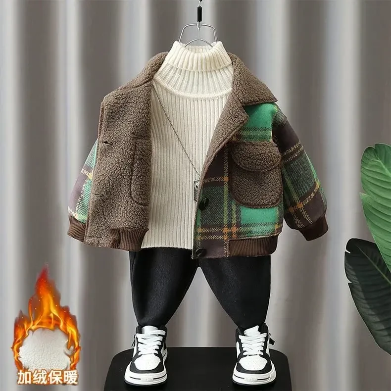 男童外套加绒2024儿童冬季秋冬新款宝宝加厚格子帅气时髦韩版上衣