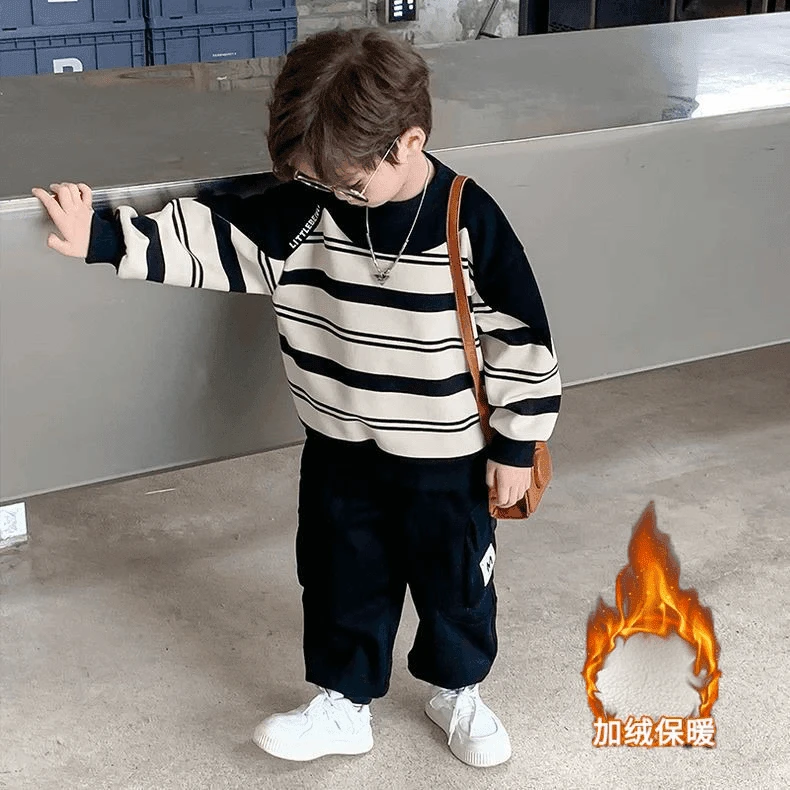 男童卫衣套装加绒秋冬2024新款洋气男孩保暖儿童一体绒童装两件套