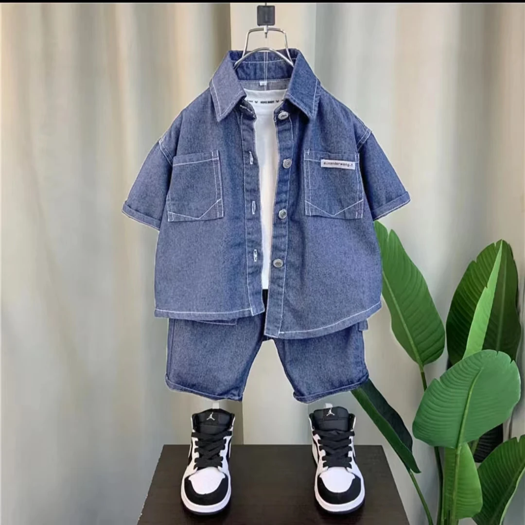 男童衬衫夏装23新款洋气宝宝酷帅衣服潮儿童夏季帅气牛仔短袖套装