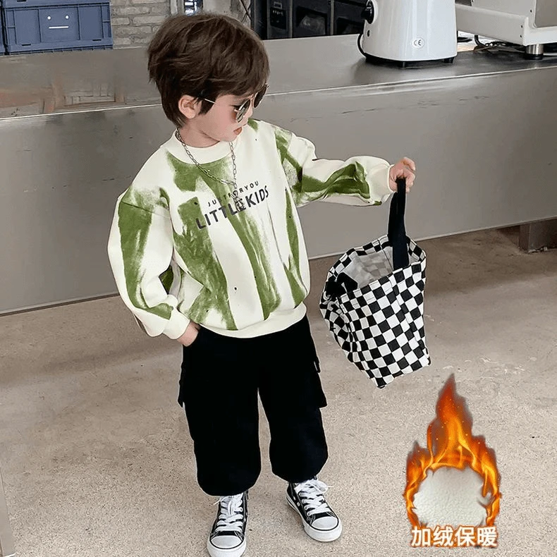 男童卫衣加绒秋冬2024新款洋气男孩保暖儿童一体绒时尚洋气两件套