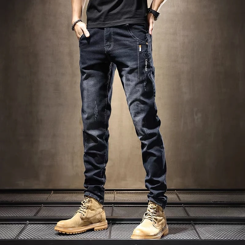 秋季新款加绒牛仔裤男士刺绣直筒修身小脚弹力潮牌休闲长裤子男