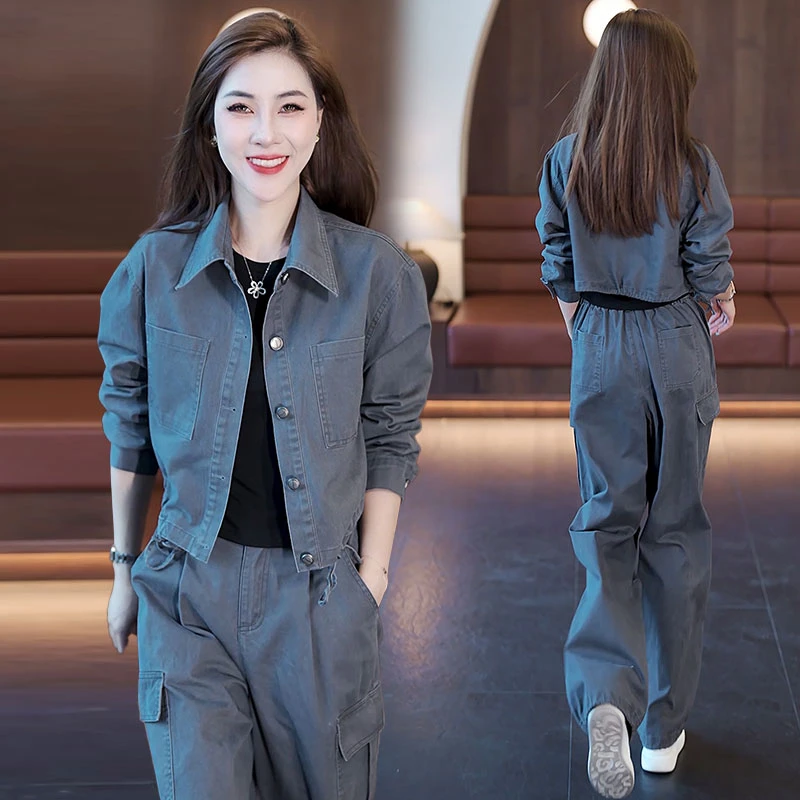 时尚牛仔工装套装女2025春秋新款洋气显瘦减龄短外套阔腿裤两件套
