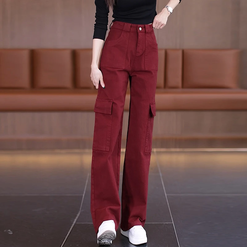 酒红色美式工装裤子女春秋季宽松新款爆款高腰显瘦百搭运动阔腿裤