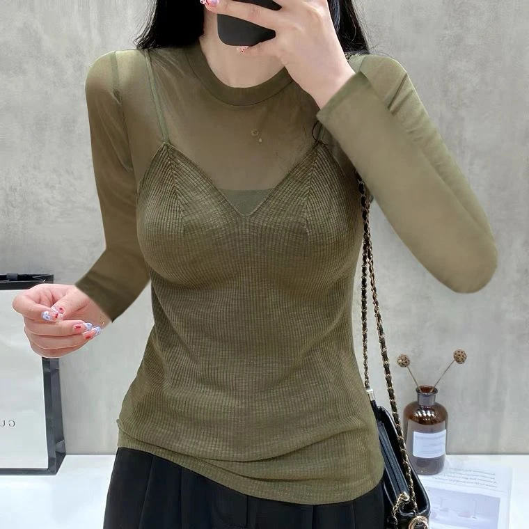 2024春季新款洋气网纱微透长袖t恤大码女装设计感小众气质上衣女