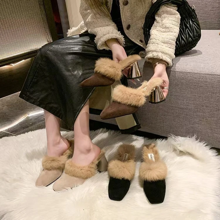 毛毛拖鞋女秋冬外穿2024新款高跟包头半拖毛拖粗跟女鞋C03