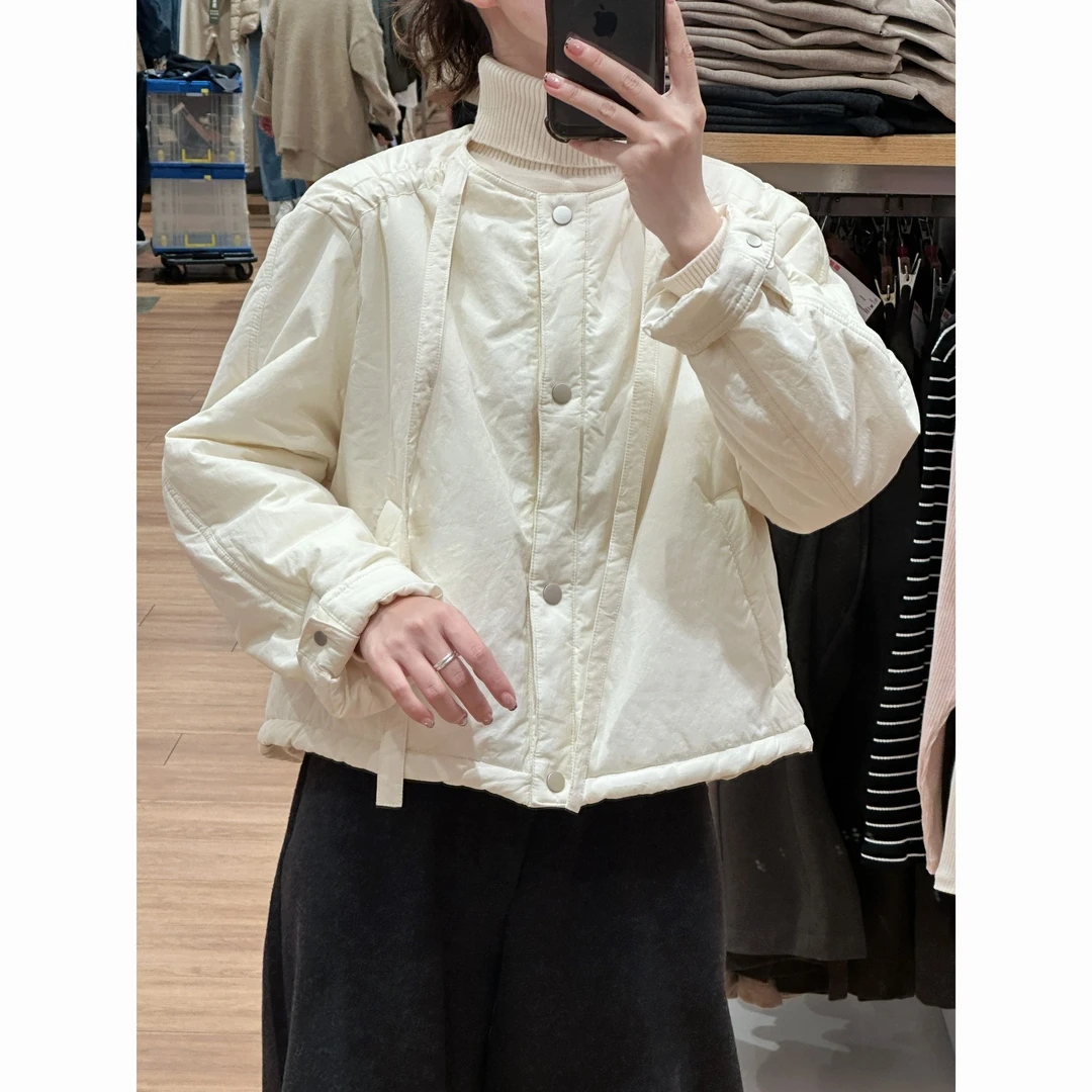 【歡囍】韩国夹棉外套女秋冬新款系带高端圆领棉袄简约棉服女