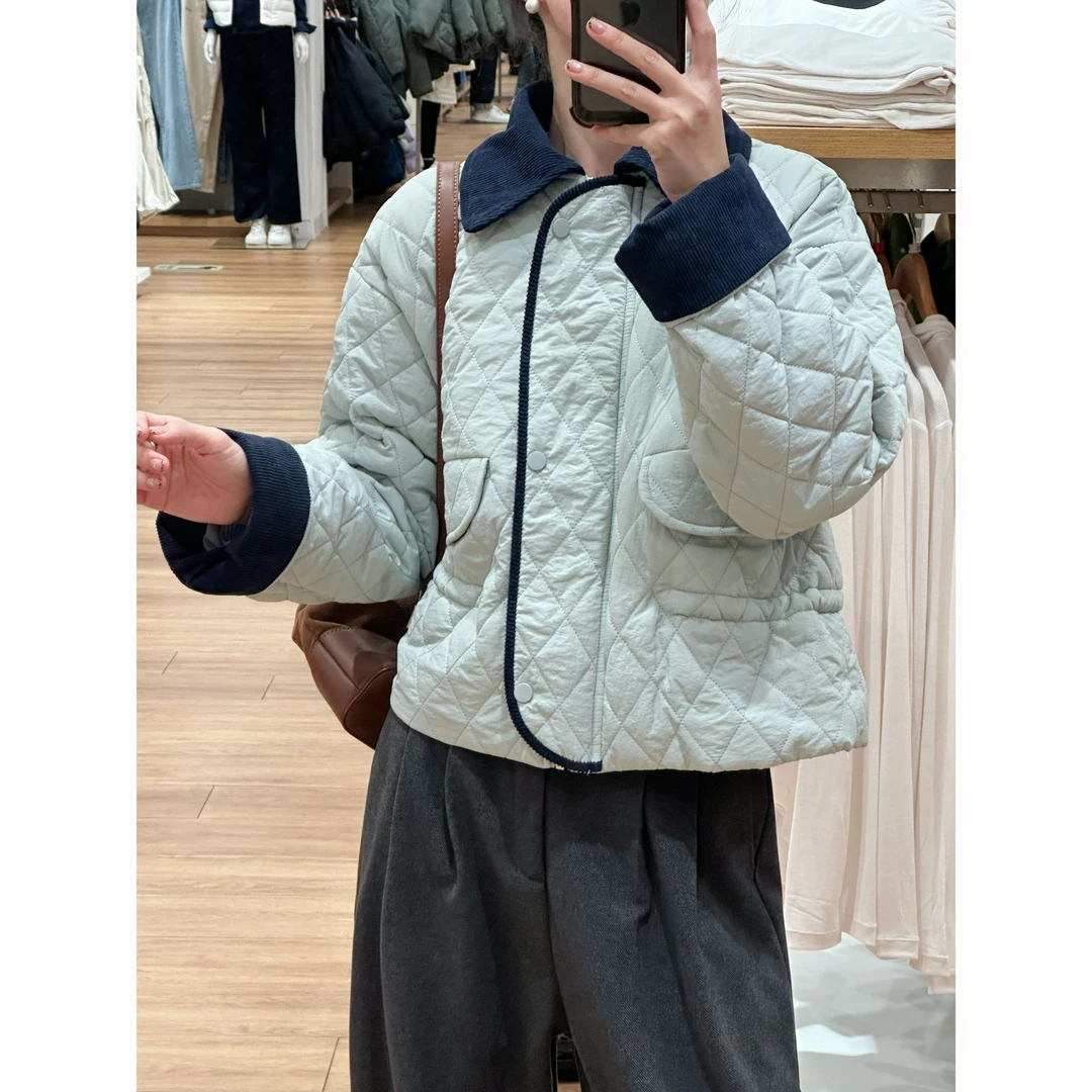 【歡囍】韩版冬季新款浅蓝色领子拼接短款菱格棉衣短外套