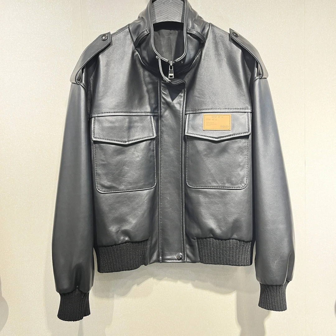 女士真皮绵羊皮时尚洋气百搭工装真皮外套