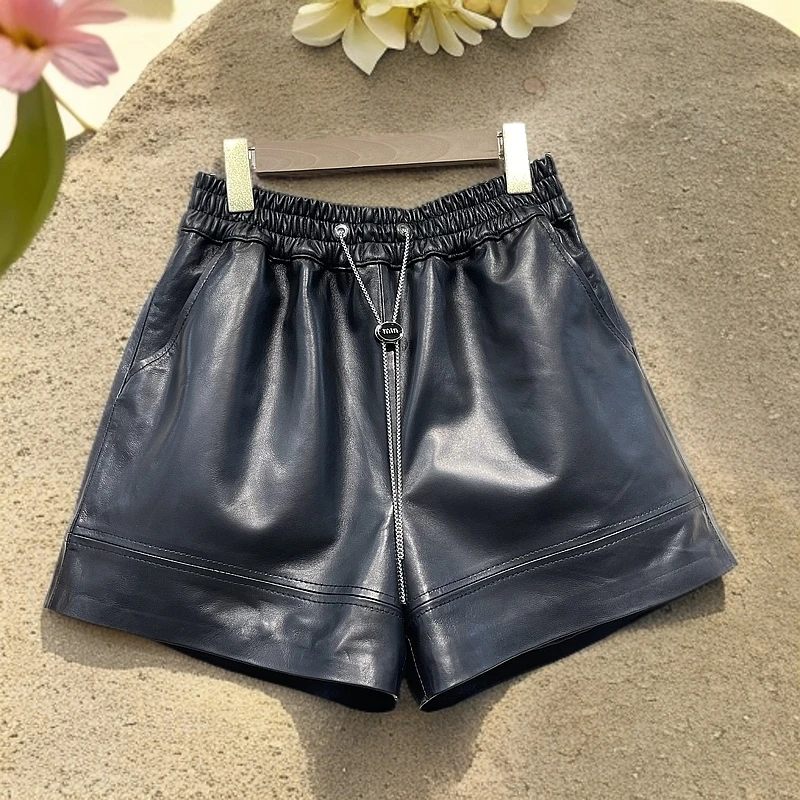 女士真皮绵羊皮2202简约百搭显瘦松紧腰阔腿A字短裤高腰时尚休闲