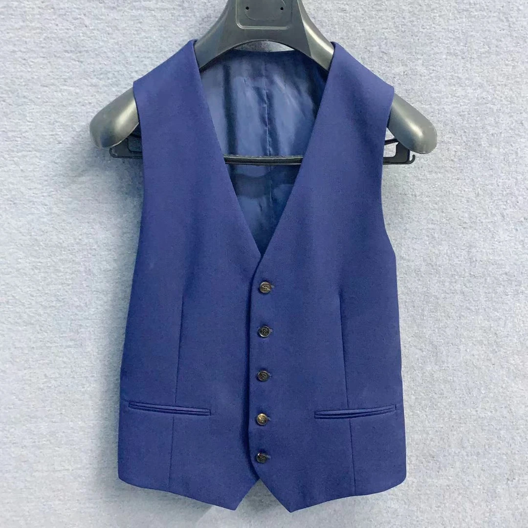 鸟红标【5牛角扣】蓝色澳毛马甲单排内搭商务西装马夹MJ005