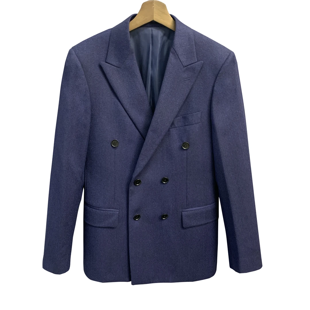 堡家正品【经典双排扣】羊毛单西藏青色戗驳领双开叉西服62021A