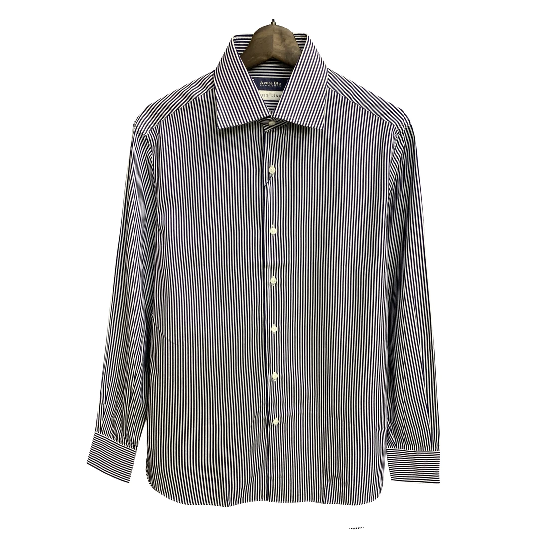 A爱其【双股双织-有质感】160支蓝白竖条纹100长绒棉长袖衬衫2040