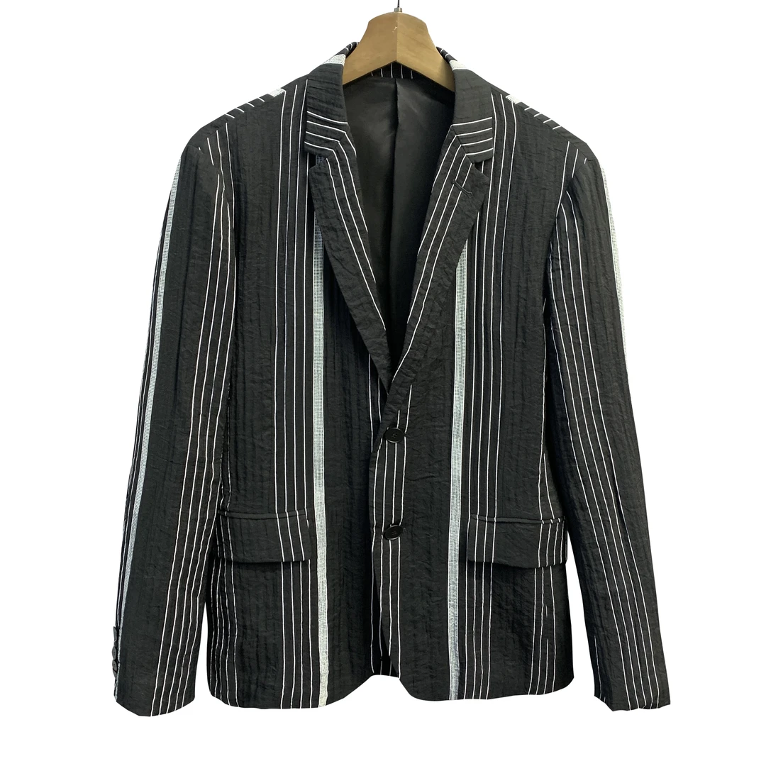 堡家【又帅又型】黑色条纹单西平驳领双扣不开叉春秋薄西装80001A