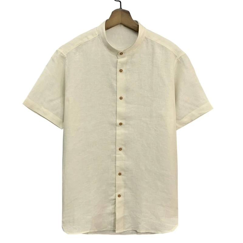 恺【100亚麻】中华立领高级米黄色短袖衬衫男款休闲CS095