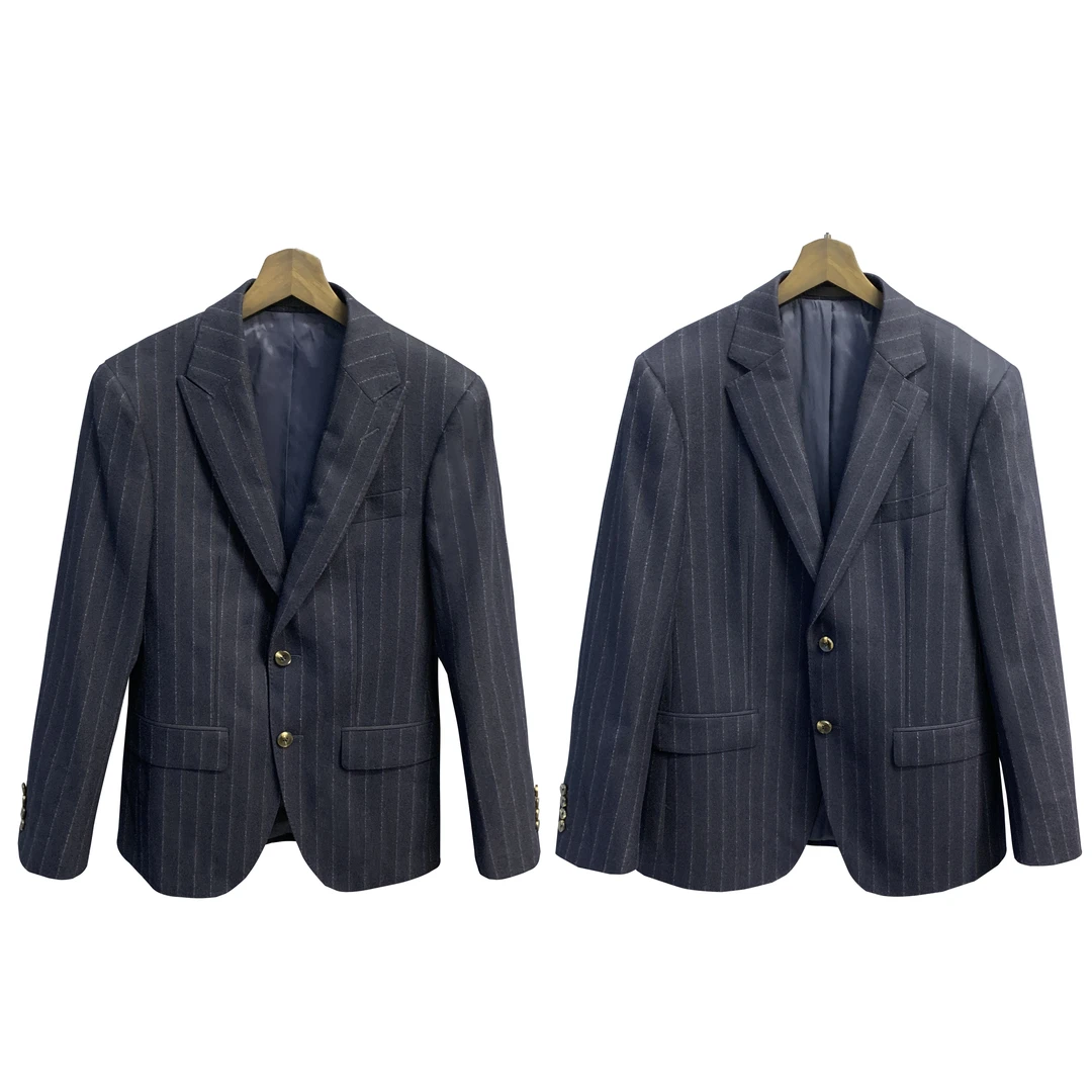 鸟【100美丽诺羊毛】藏青竖条牛角扣活袖时尚经典修身单西XZ054