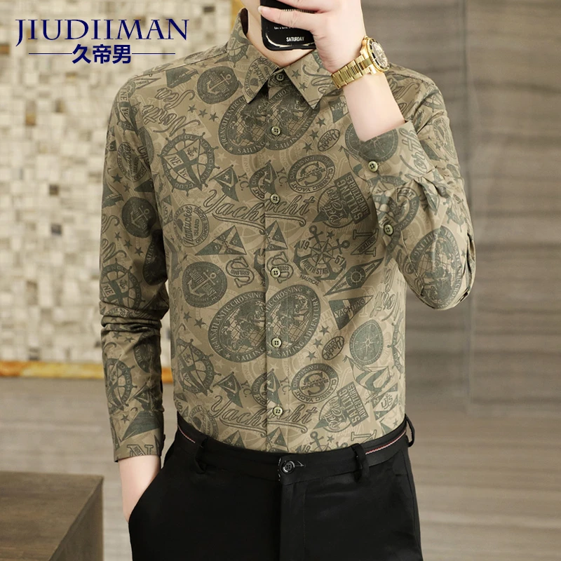 长袖休闲花衬衫男士春秋季潮流时尚男装衬衣弹力免烫雅痞寸衫帅气