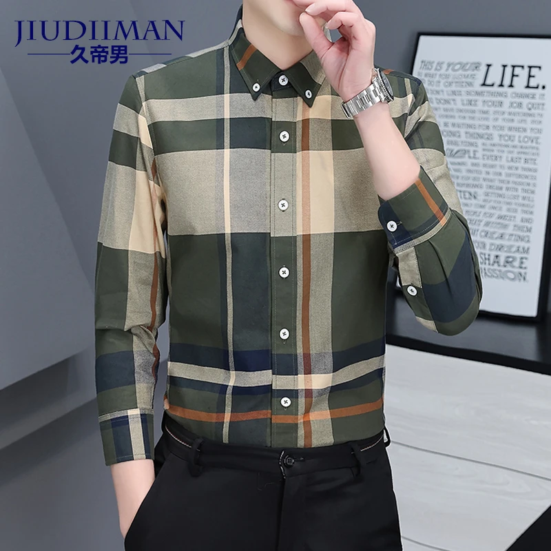 春秋季时尚休闲大格子衬衫男士长袖纯棉衬衣潮流帅气雅痞男装寸衫
