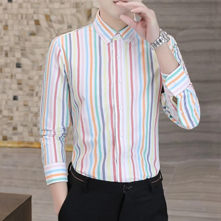 宽条纹花衬衫男士长袖纯棉衬衣春秋季痞帅潮牌男装休闲全棉寸衫衣