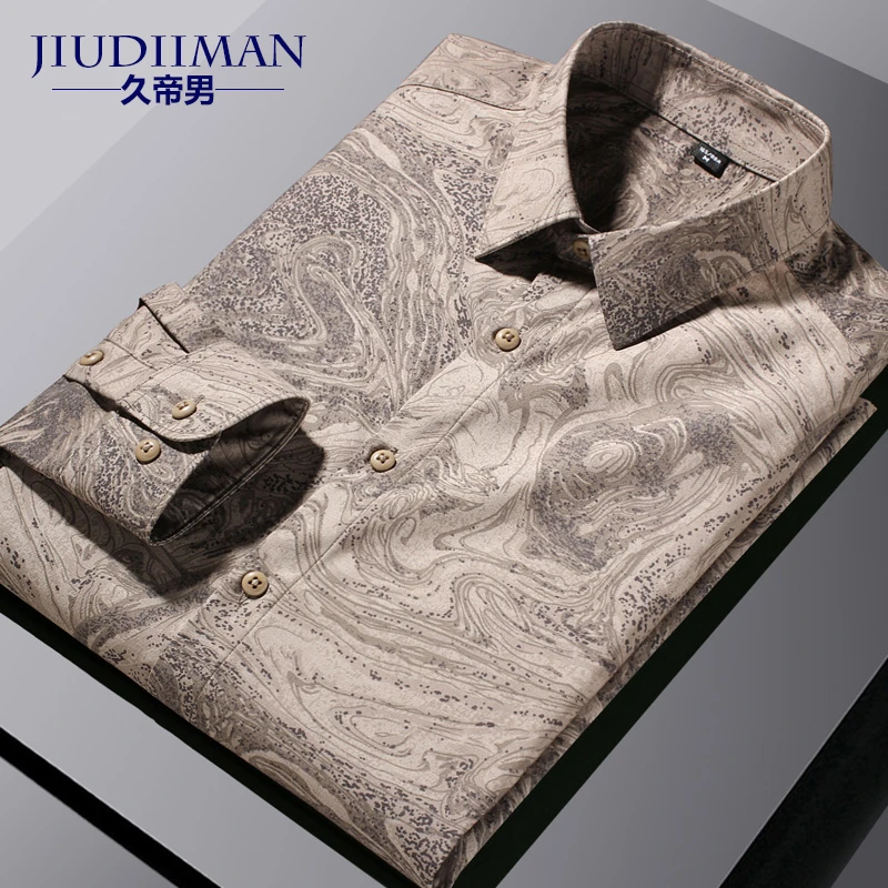 秋季上衣雅痞轻奢男士长袖衬衫时尚休闲商务高档男装印花衬衣个性