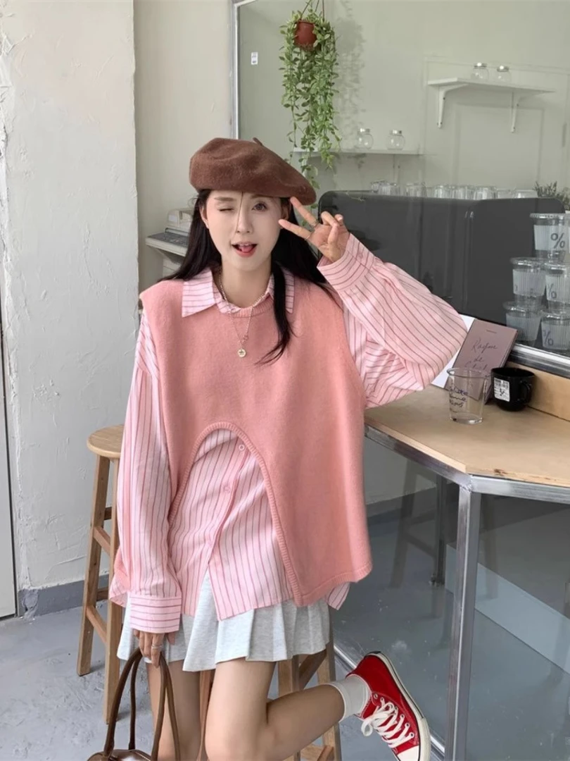 不规则针织马甲衬衫套装春秋季外搭叠穿坎肩日系背心马夹两件套女