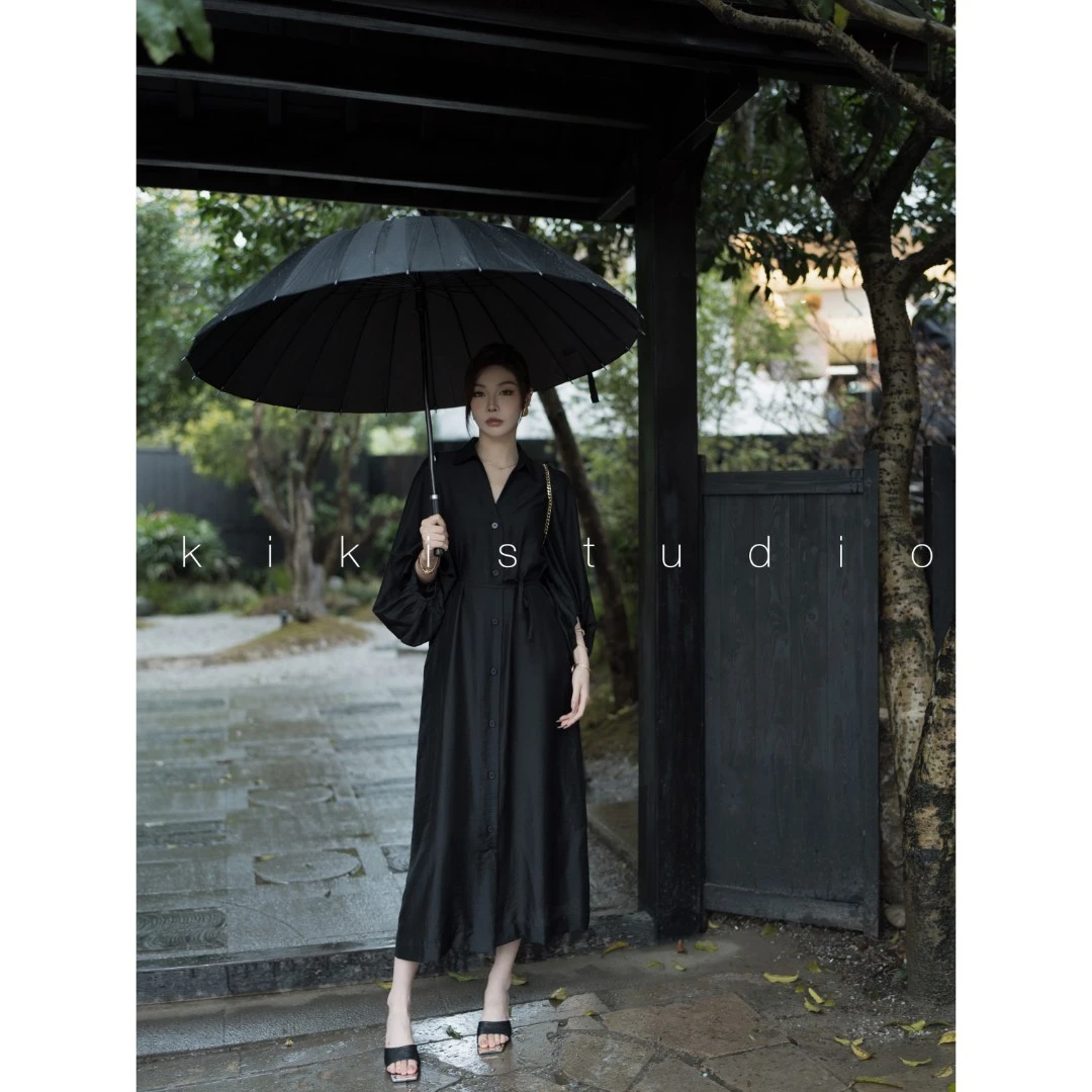 【浮光冰茶】春季新款宽松显瘦灯笼袖腰部系带温柔连衣裙